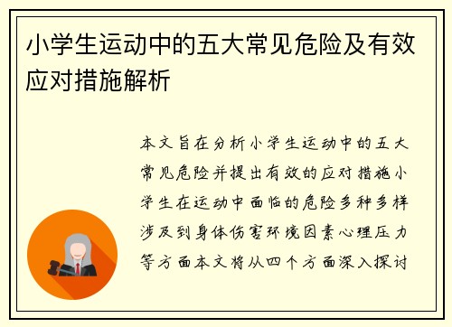 小学生运动中的五大常见危险及有效应对措施解析